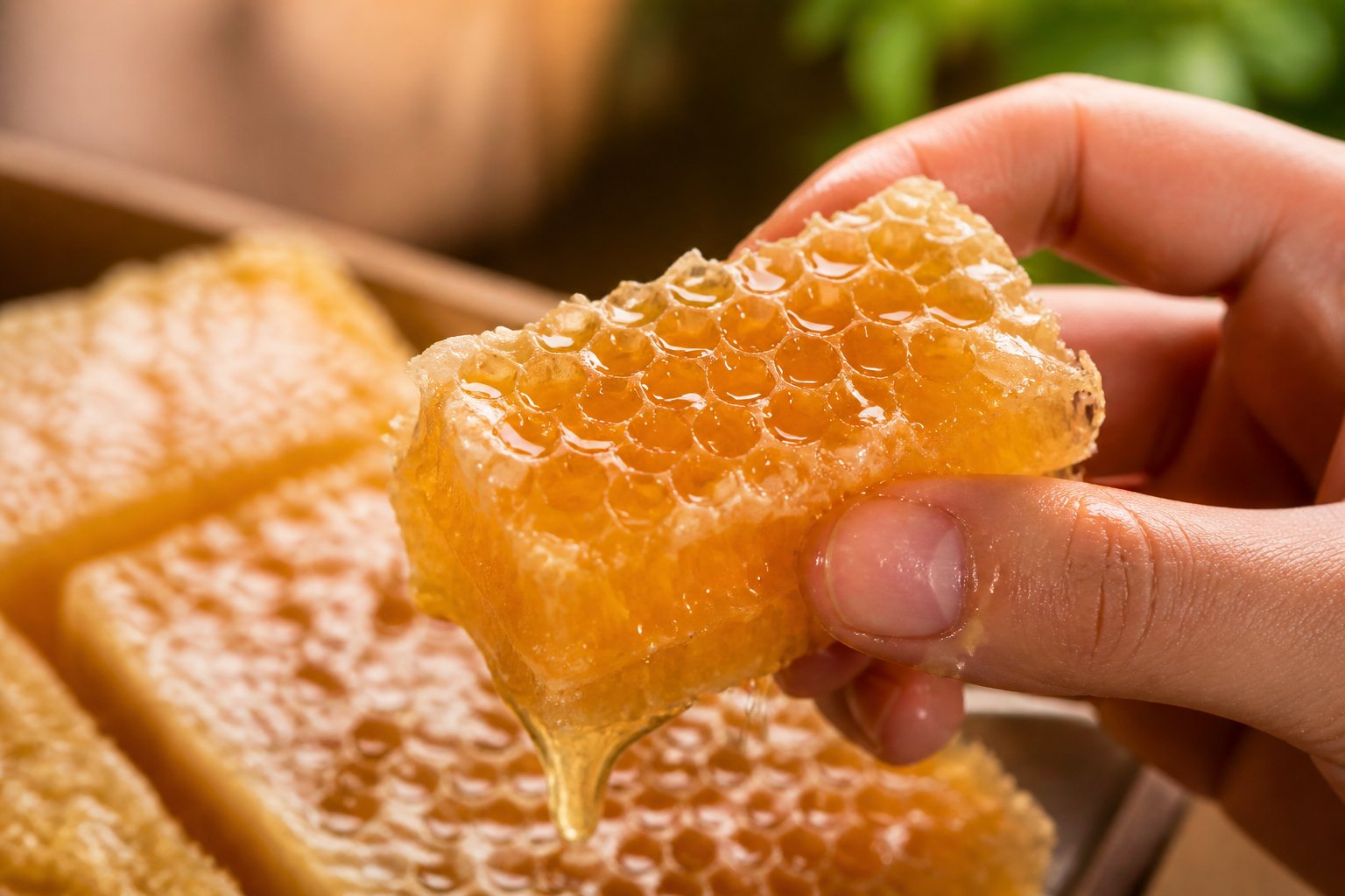 A hand holding a piece of honeycomb filled with honey, showing the detailed hexagonal beeswax structure.