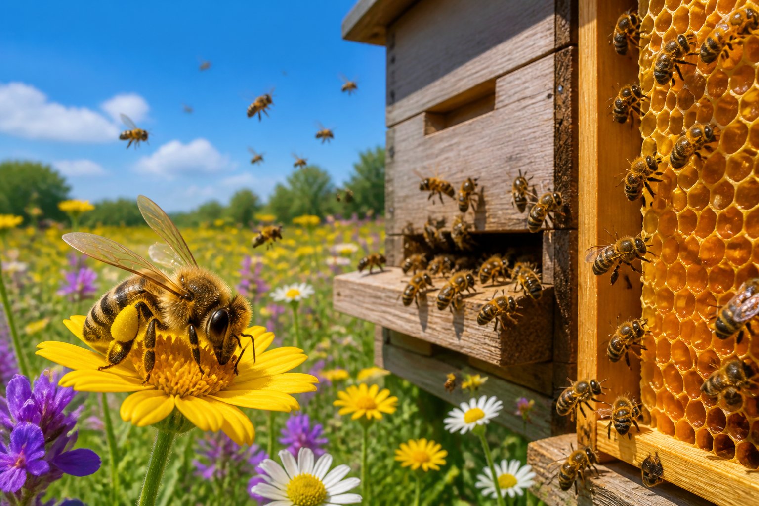Close-up of a honeybee collecting nectar from flowers with a beehive and honeycomb filled with honey in the background.