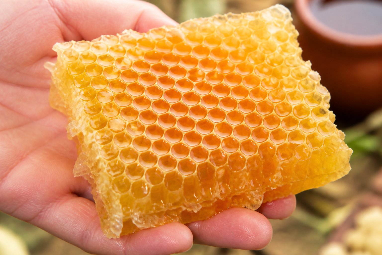 A close-up of a hand holding a fresh honeycomb filled with honey.