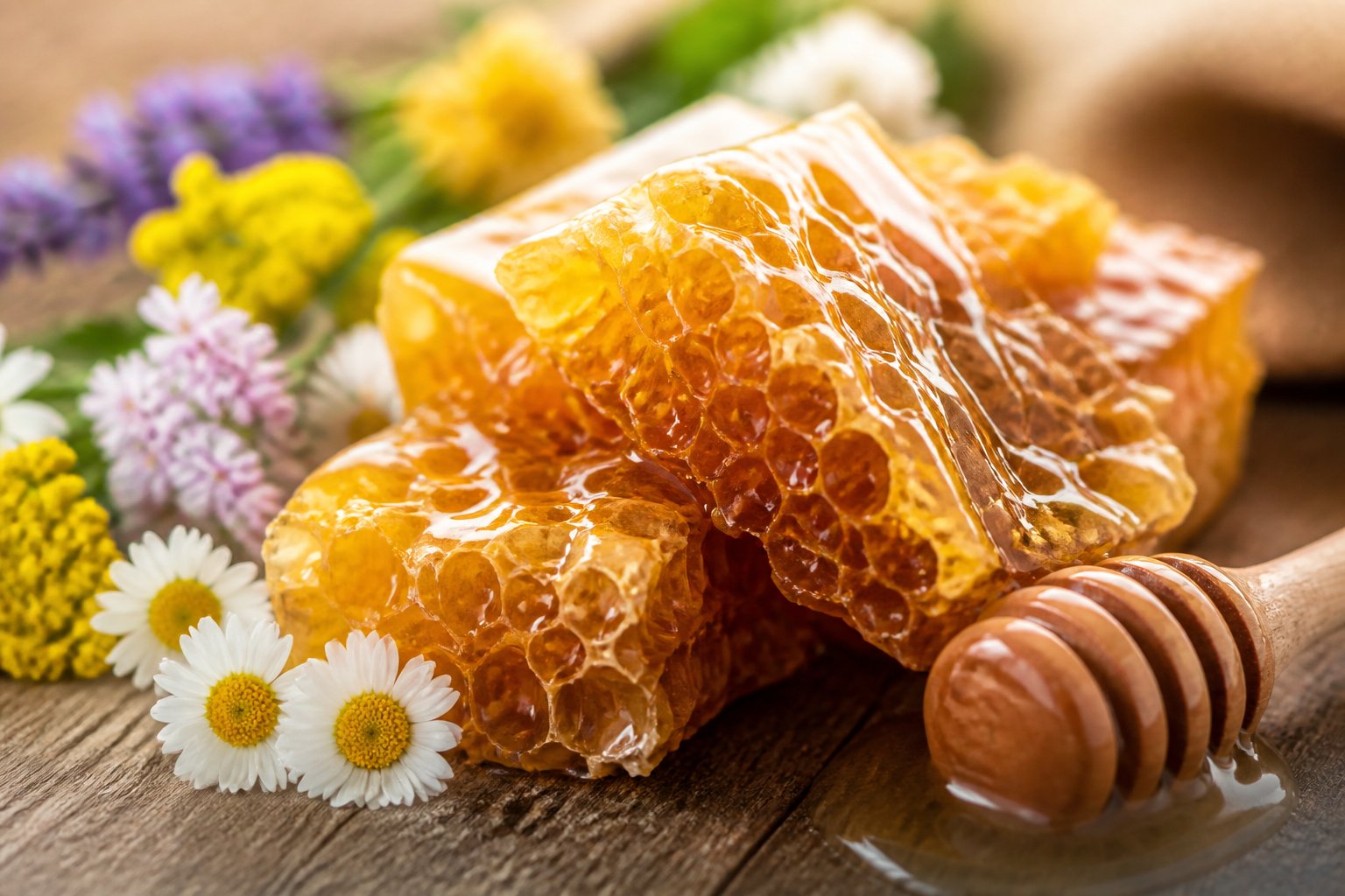 Close-up of a honeycomb with honey and beeswax on a wooden surface surrounded by wildflowers and a honey dipper.