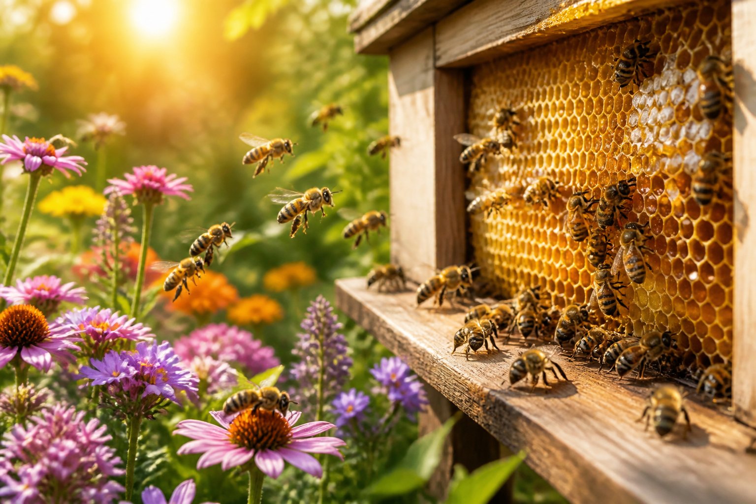 Close-up of honeybees collecting nectar from flowers and working on honeycomb inside a beehive in a sunny garden.