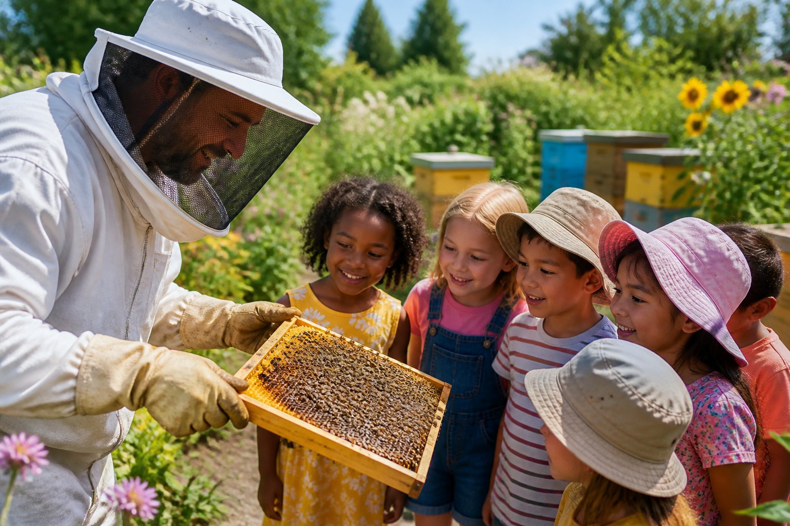 Children watching a beekeeper holding a honeycomb frame outdoors with beehives and flowers nearby.