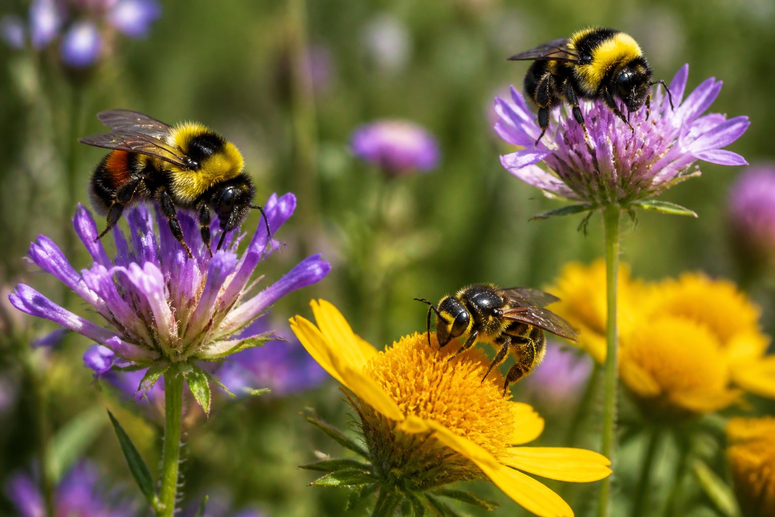 Close-up of several endangered bee species pollinating colorful wildflowers in a natural meadow.