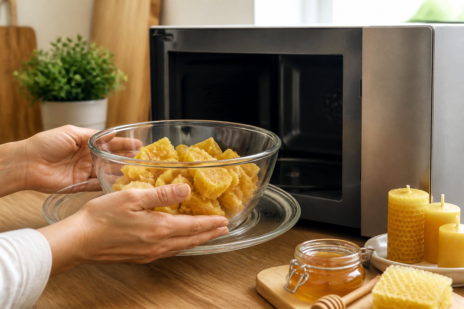 A kitchen countertop with a glass bowl of solid beeswax chunks held by hands, ready to be placed into a microwave.