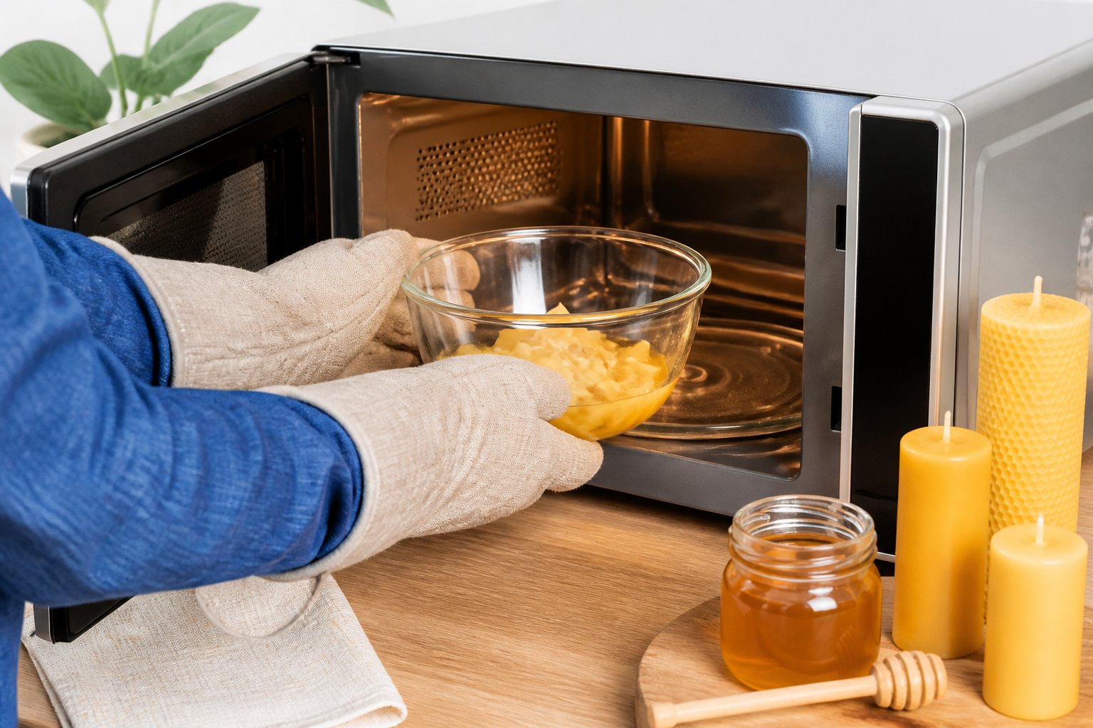 A person wearing gloves placing a glass bowl with beeswax chunks into a microwave in a clean kitchen.