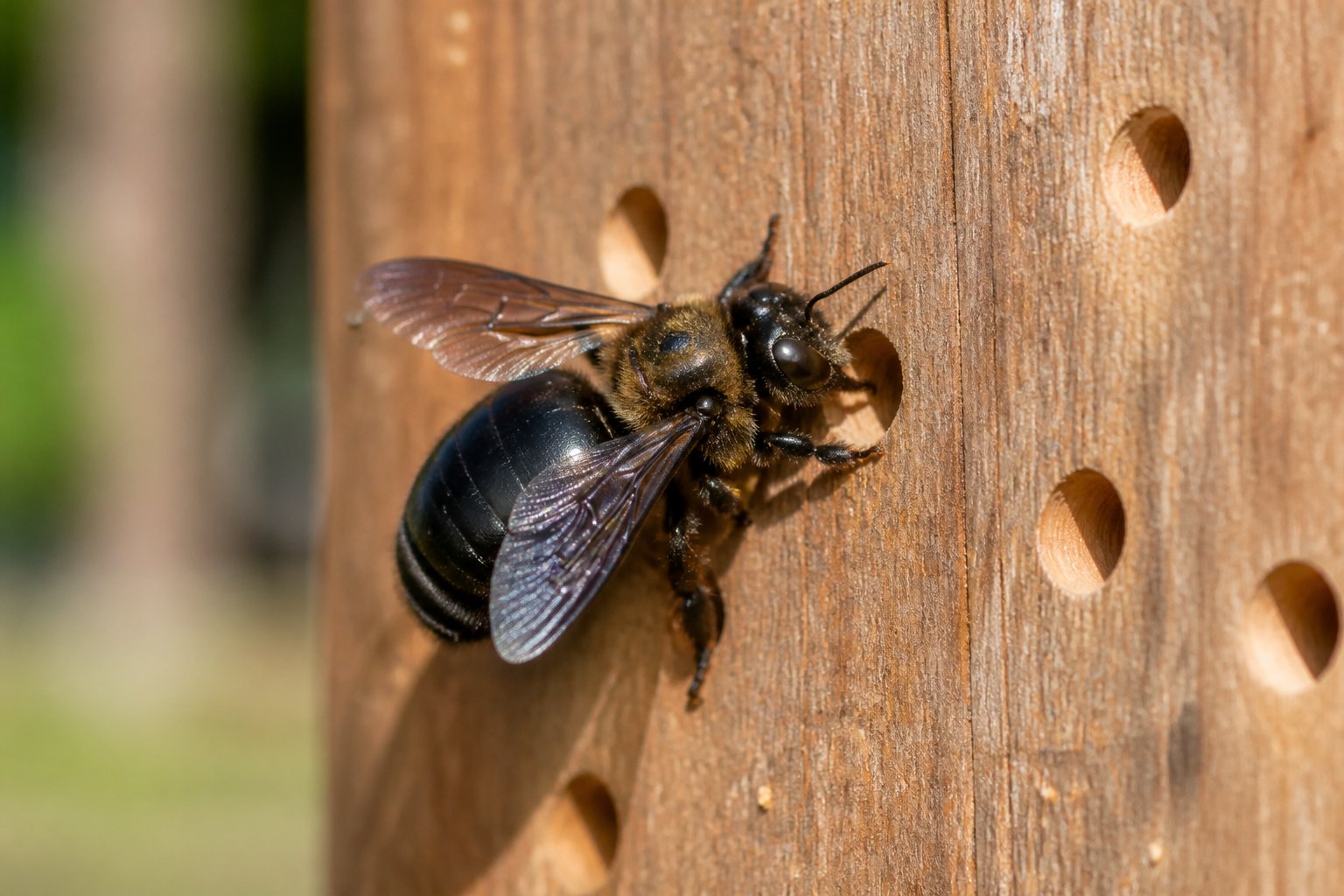 A carpenter bee on a wooden plank with small holes where it has bored into the wood.