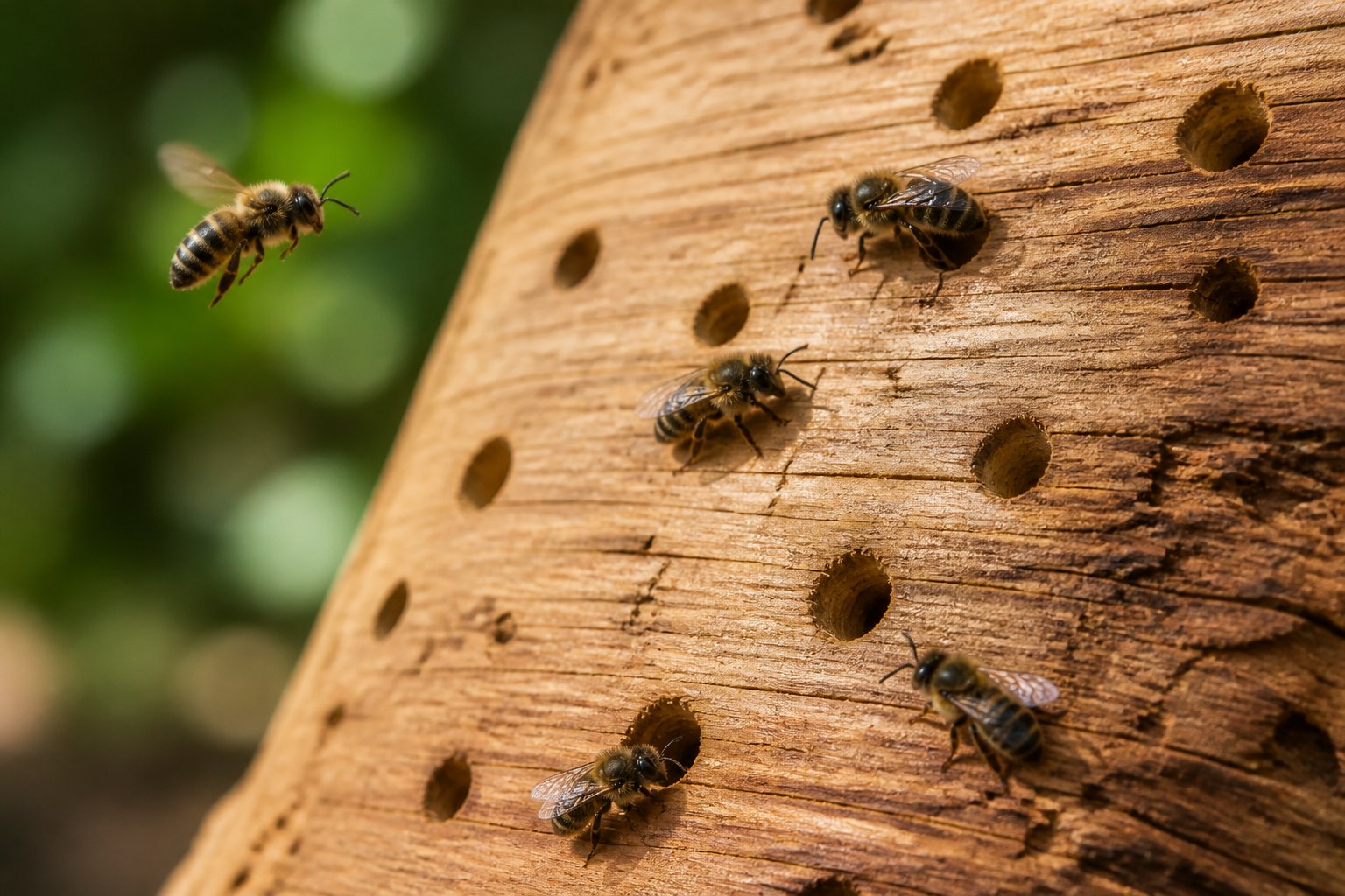 Close-up of a wooden surface with small holes and wood-boring bees on and near the wood, outdoors with green foliage in the background.