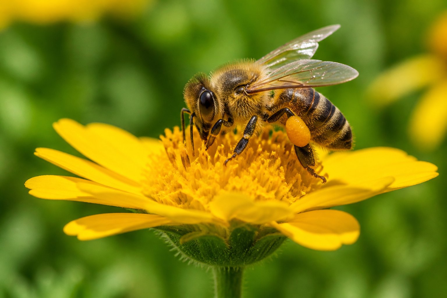 A honeybee collecting nectar on a yellow flower in a green meadow.