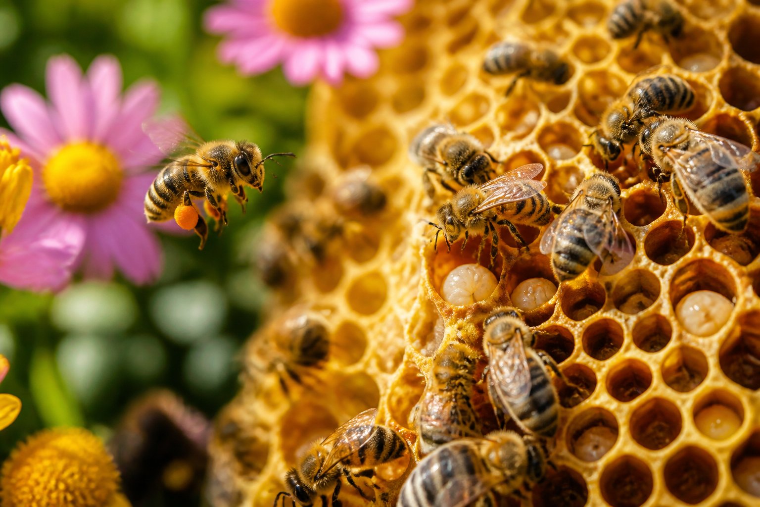 Close-up of honeybees working on a honeycomb and feeding on flowers in a natural environment.