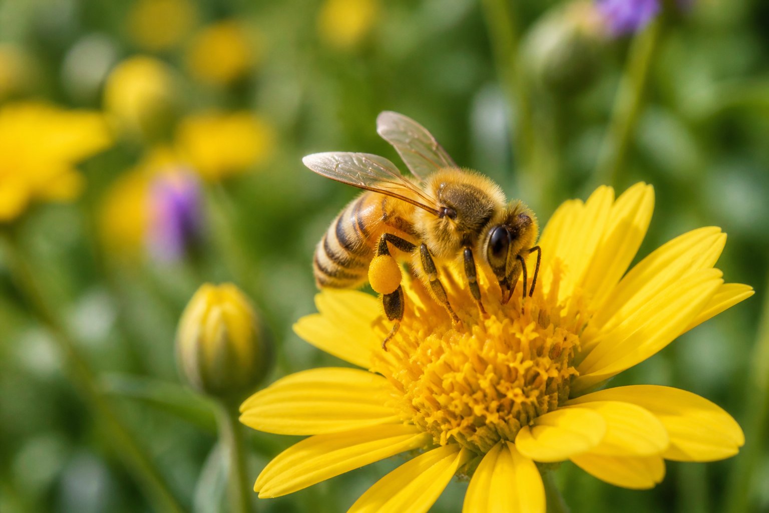 A close-up of a honeybee collecting nectar from a yellow flower in a green natural environment.