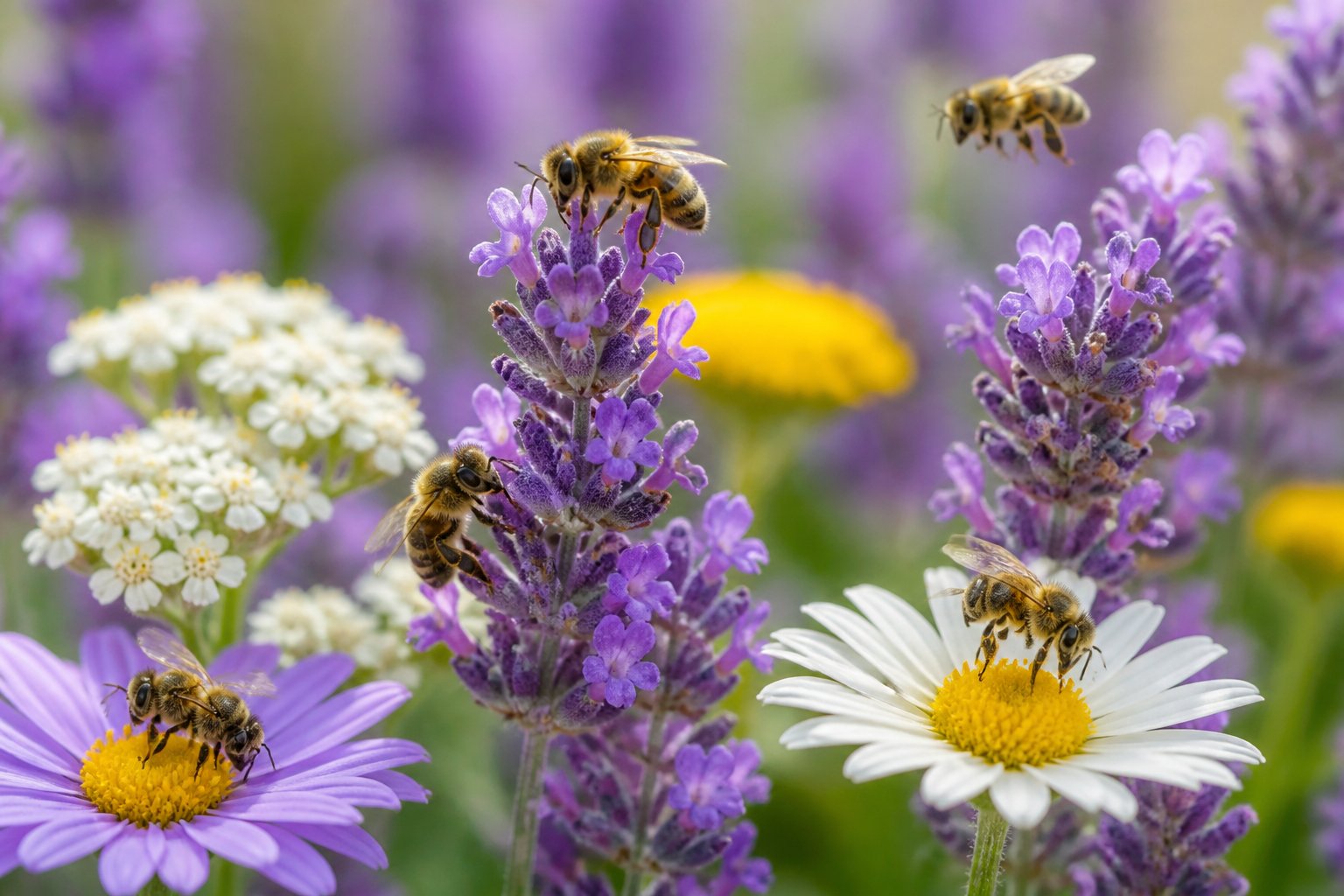 Close-up of stingless bees gently pollinating colorful flowers in a bright garden.
