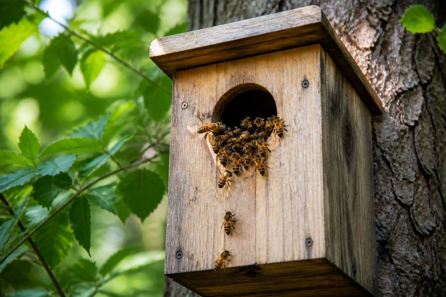 Close-up of a wooden bird box on a tree with bees nesting inside and around the entrance hole.