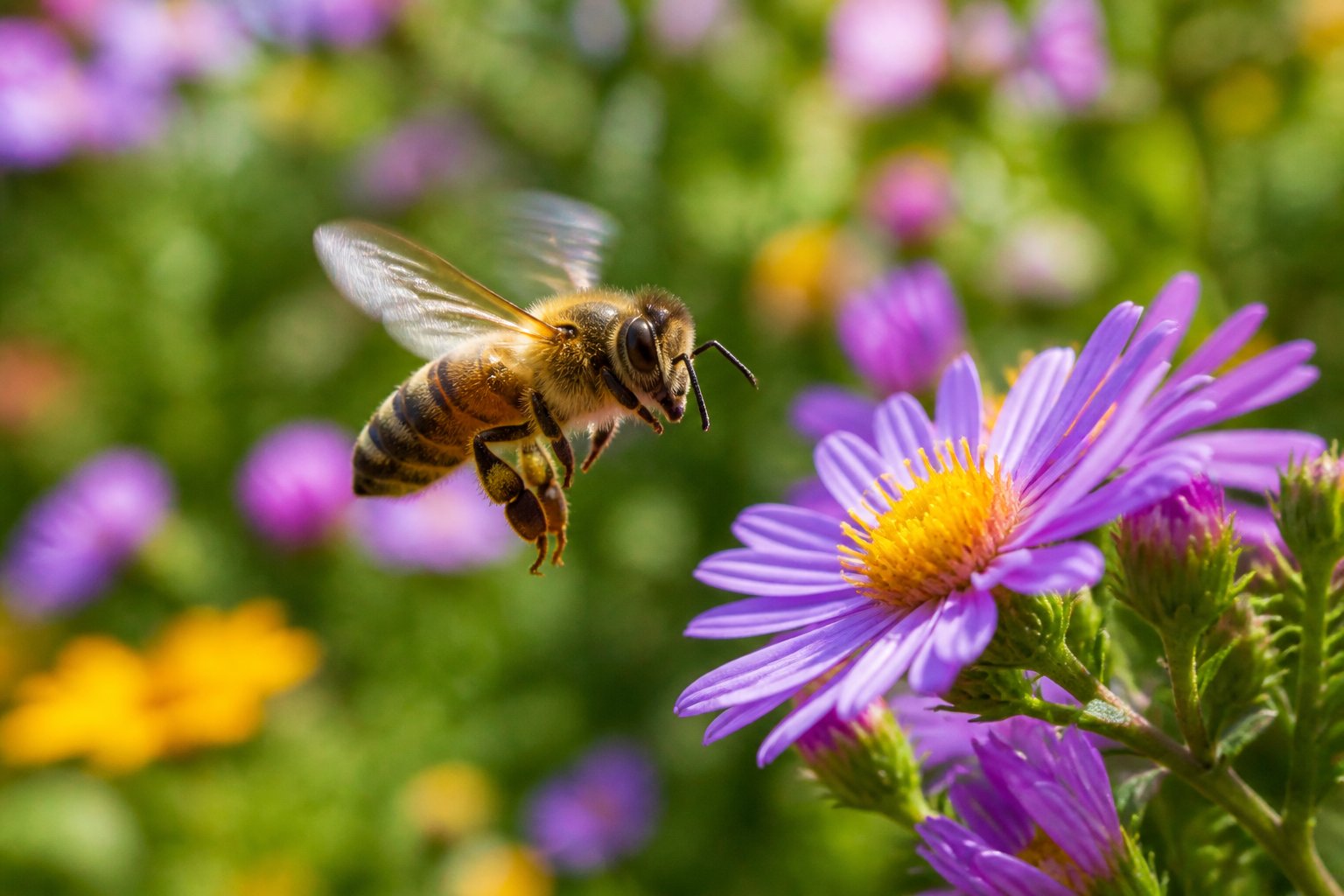 Close-up of a honeybee flying above colorful flowers in a natural outdoor setting.