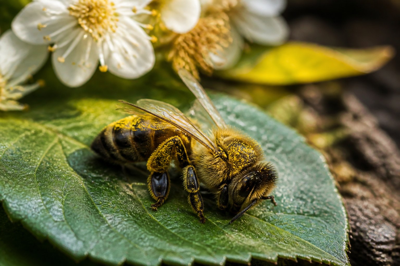A close-up of a dead honeybee lying on a green leaf surrounded by flowers.