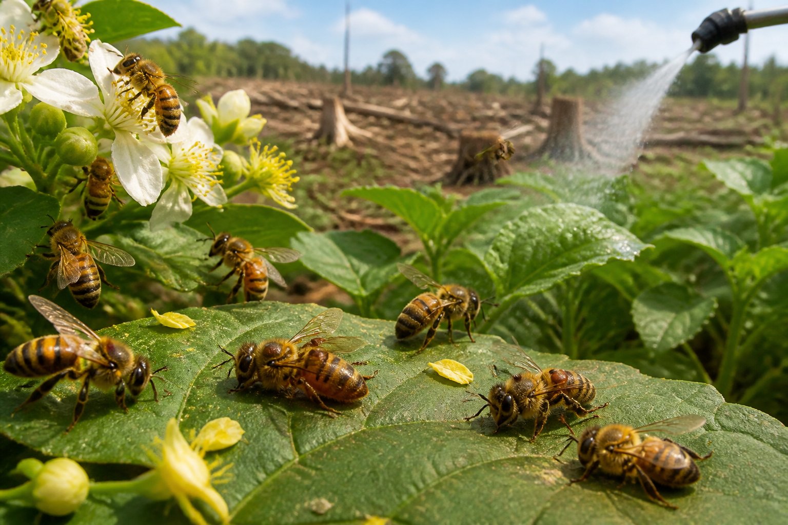 Close-up of honeybees on flowers with some bees appearing healthy and others motionless, surrounded by plants and subtle signs of environmental threats.
