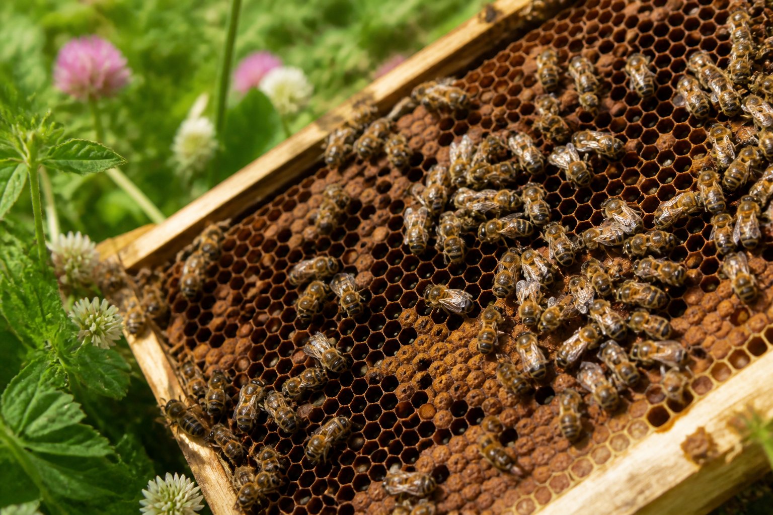 Close-up of a beehive with honeybees on honeycomb cells, some bees appear lifeless or missing, surrounded by flowers and greenery.