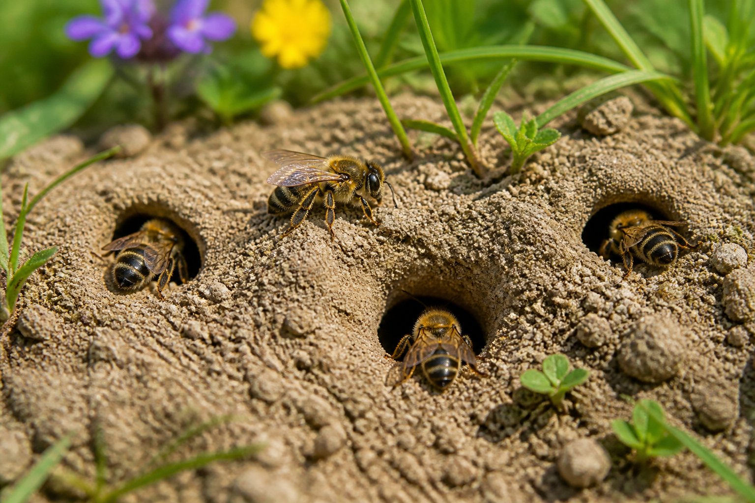 Close-up of solitary bees burrowing into the soil in a garden yard with grass and plants around.