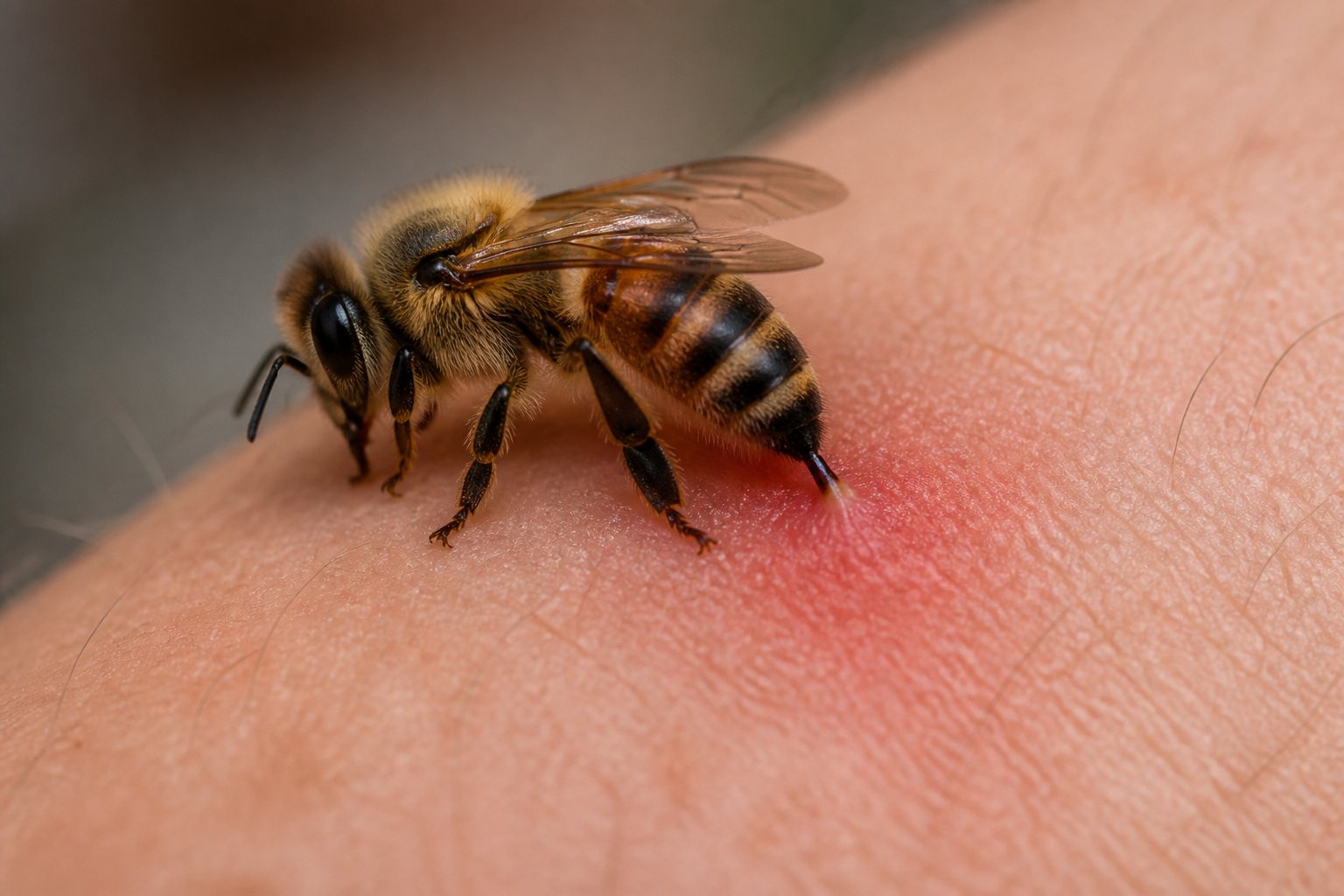 Close-up of a bee stinging human skin with visible redness and swelling around the sting site.