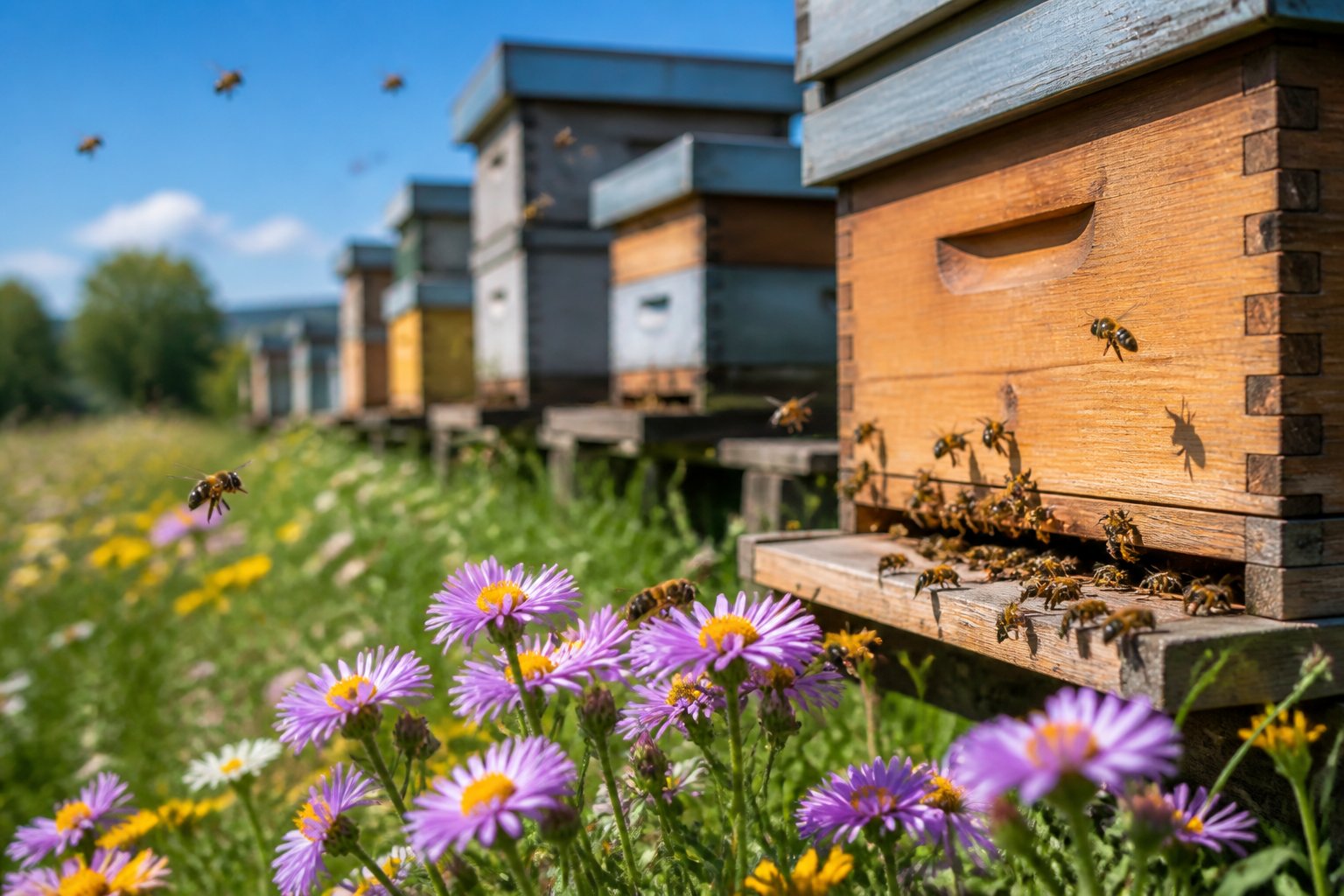 A bee farm with wooden beehives, blooming flowers, and bees flying around in a green meadow under a clear blue sky.