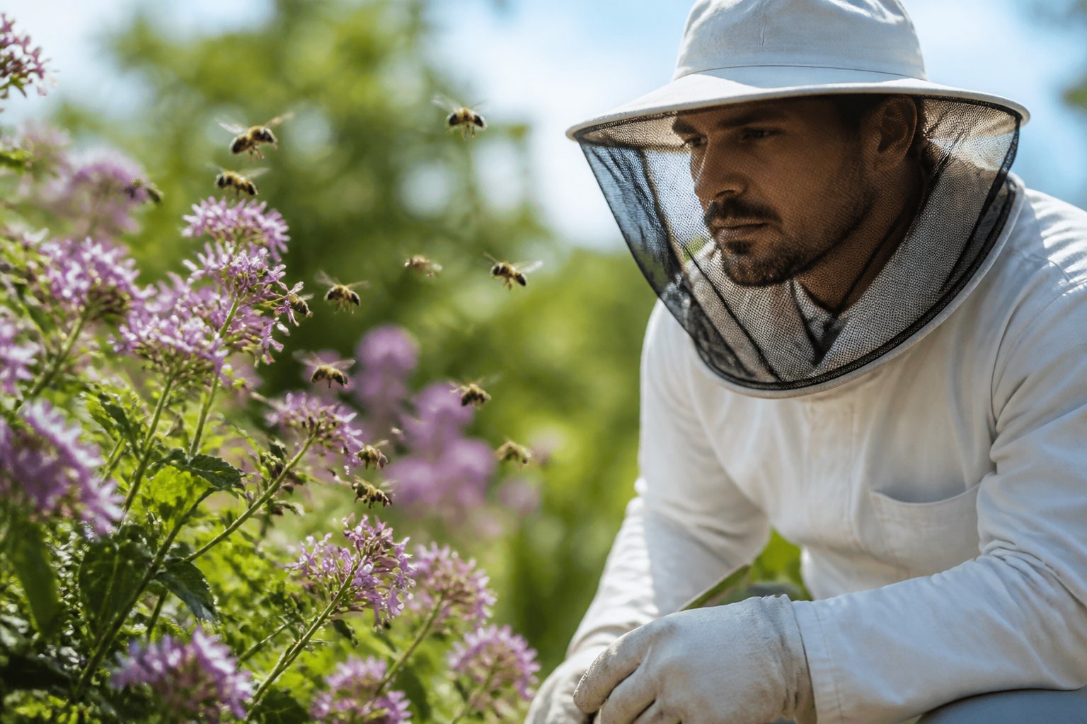 A person wearing protective clothing carefully observing bees near flowers in a natural outdoor setting.