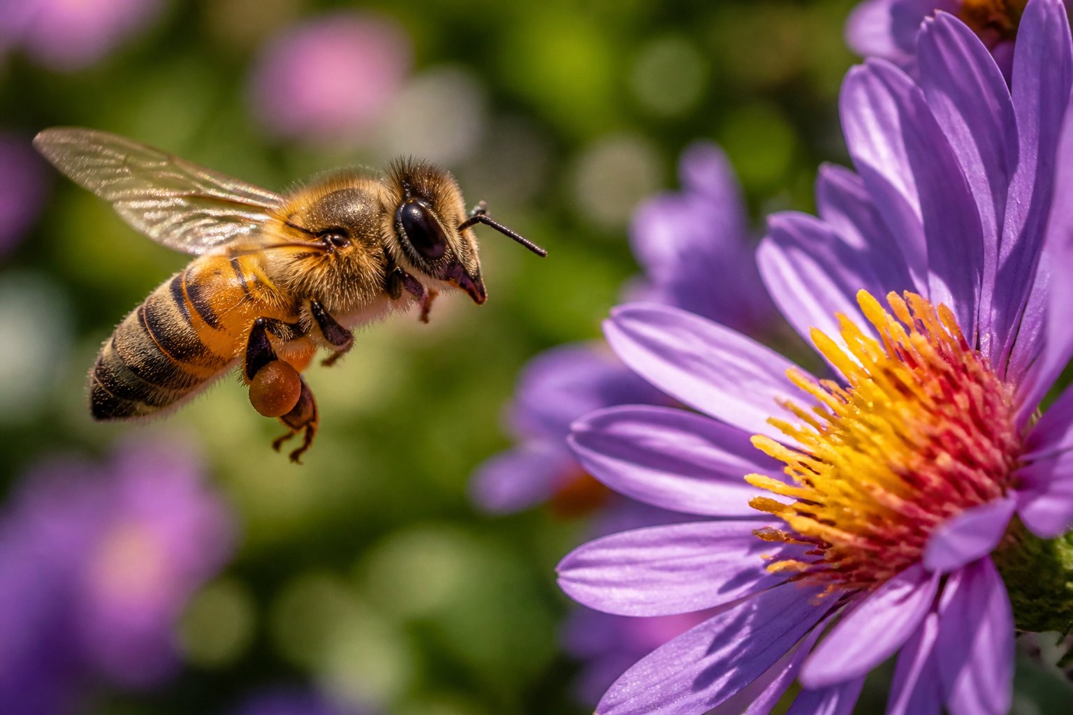 Close-up of a honeybee flying near a colorful flower with visible compound eyes and detailed wings.