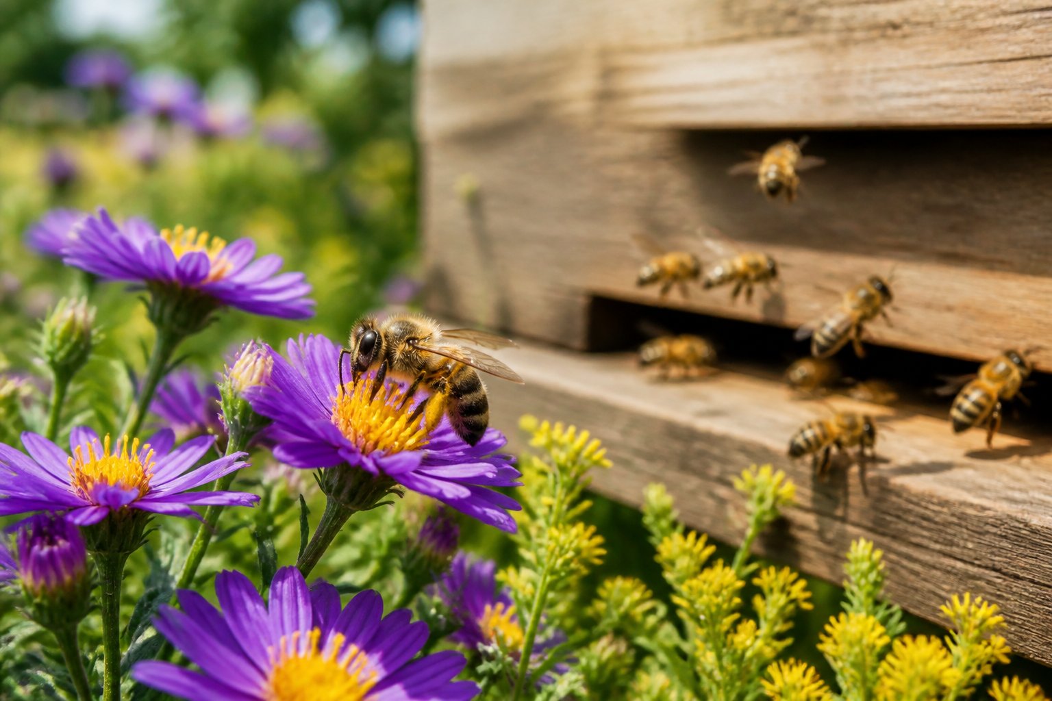 A honeybee collecting nectar from flowers with a beehive visible in the background.