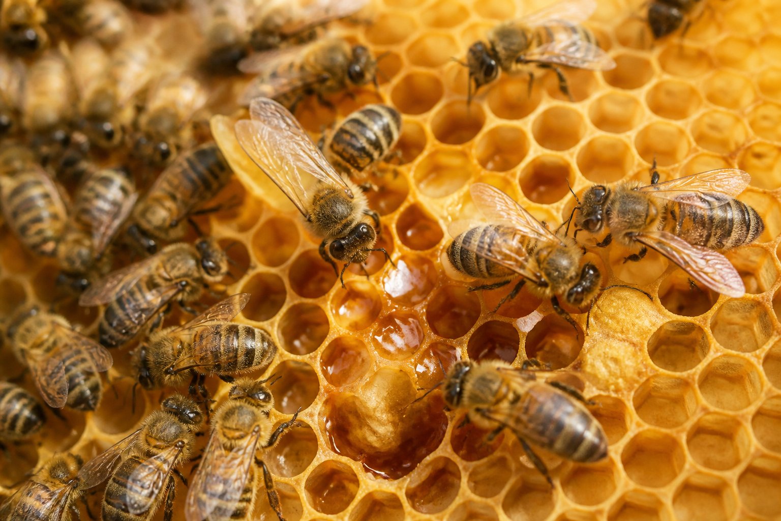 Close-up of honeybees working inside a hive, filling honeycomb cells with nectar and fanning wings to make honey.
