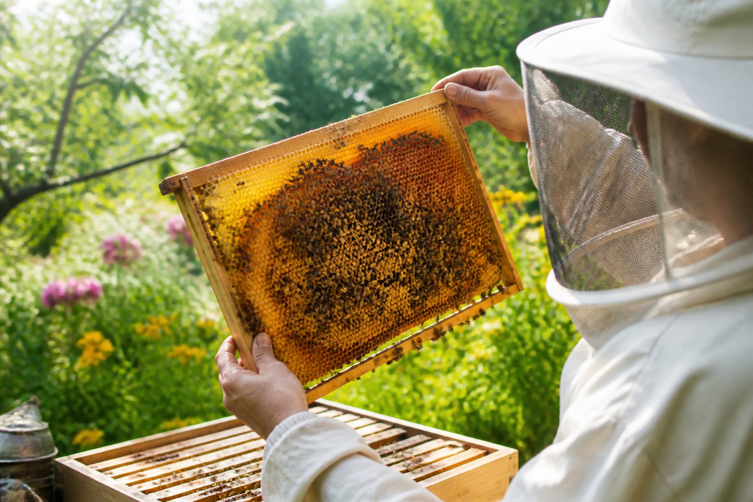 A beekeeper in protective clothing holding a honeycomb frame covered with bees in a garden setting.