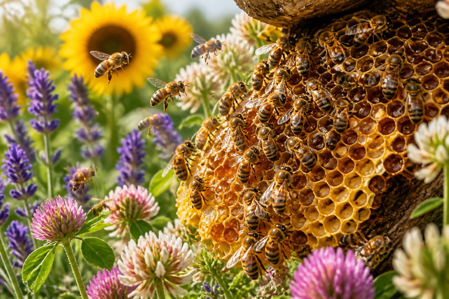 Close-up of honeybees working on a hive surrounded by blooming flowers in a garden.