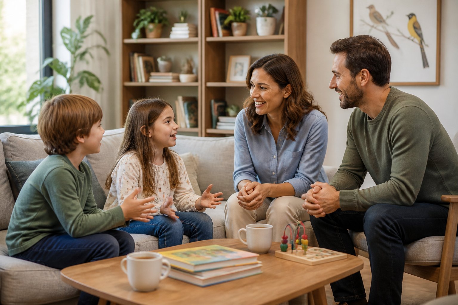 Two adults and two children sitting together in a living room, engaged in a friendly conversation.