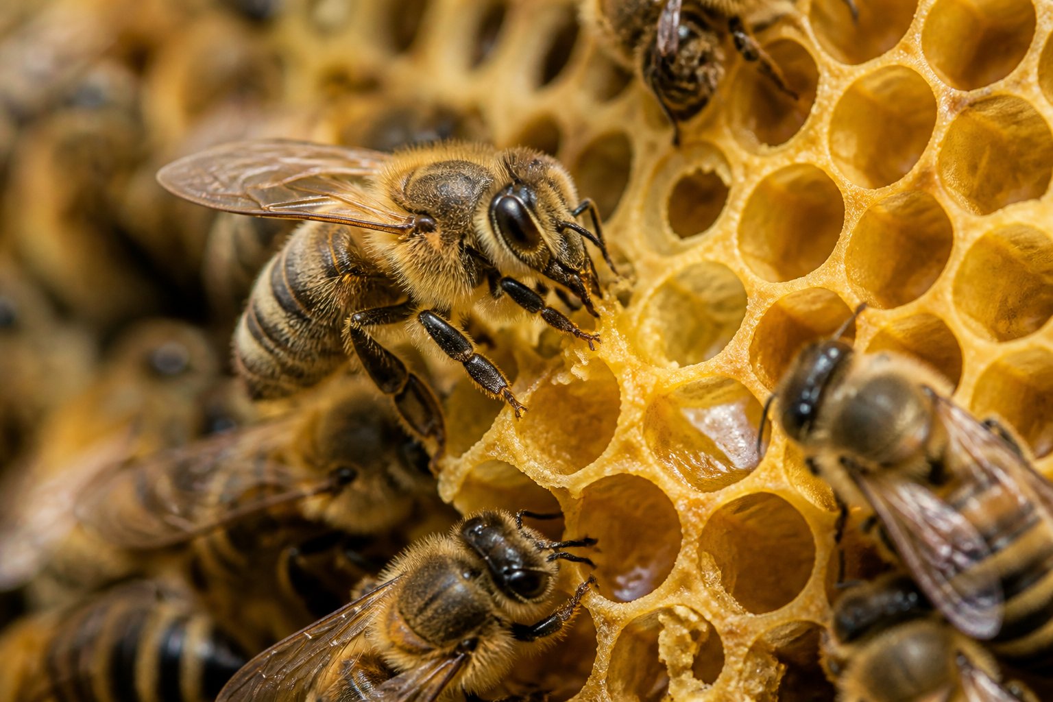 Close-up of bees building a honeycomb inside a beehive, showing hexagonal wax cells and bees working together.