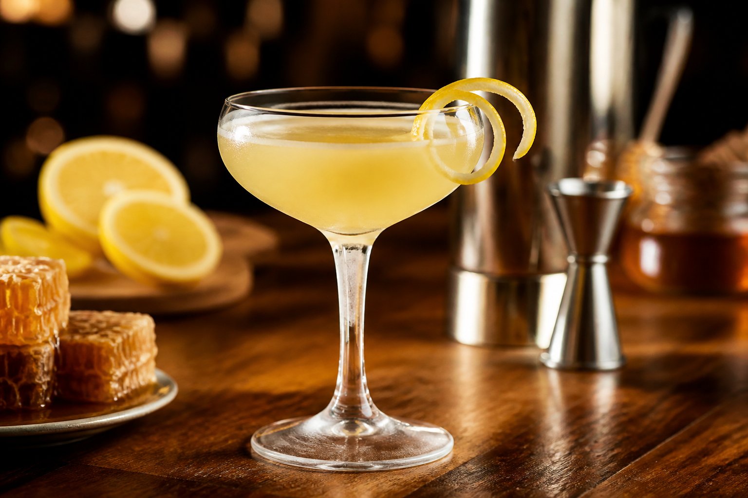 A Bees Knees cocktail in a coupe glass garnished with a lemon twist on a wooden bar counter with bartending tools and fresh lemons in the background.