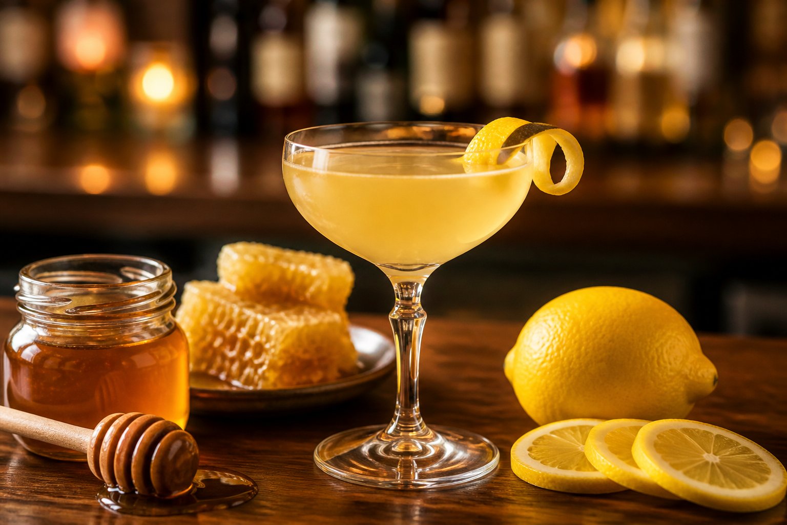A Bees Knees cocktail in a coupe glass garnished with a lemon twist, surrounded by honeycomb, honey jar, and lemon slices on a wooden bar counter.