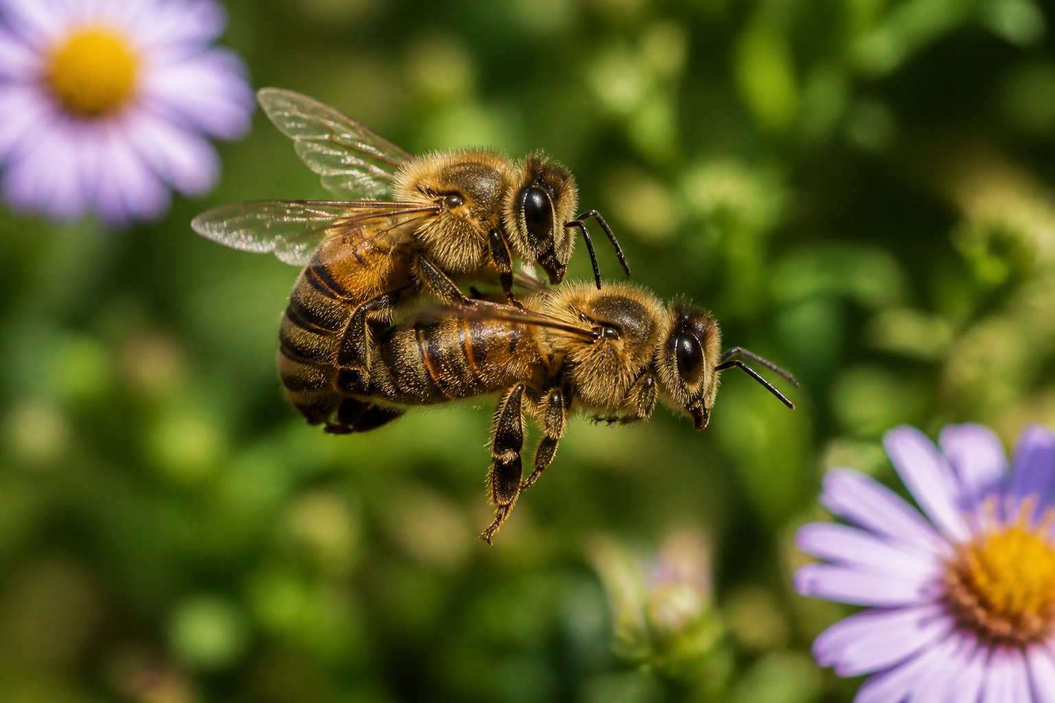 Two bees mating in mid-air above green plants and flowers.