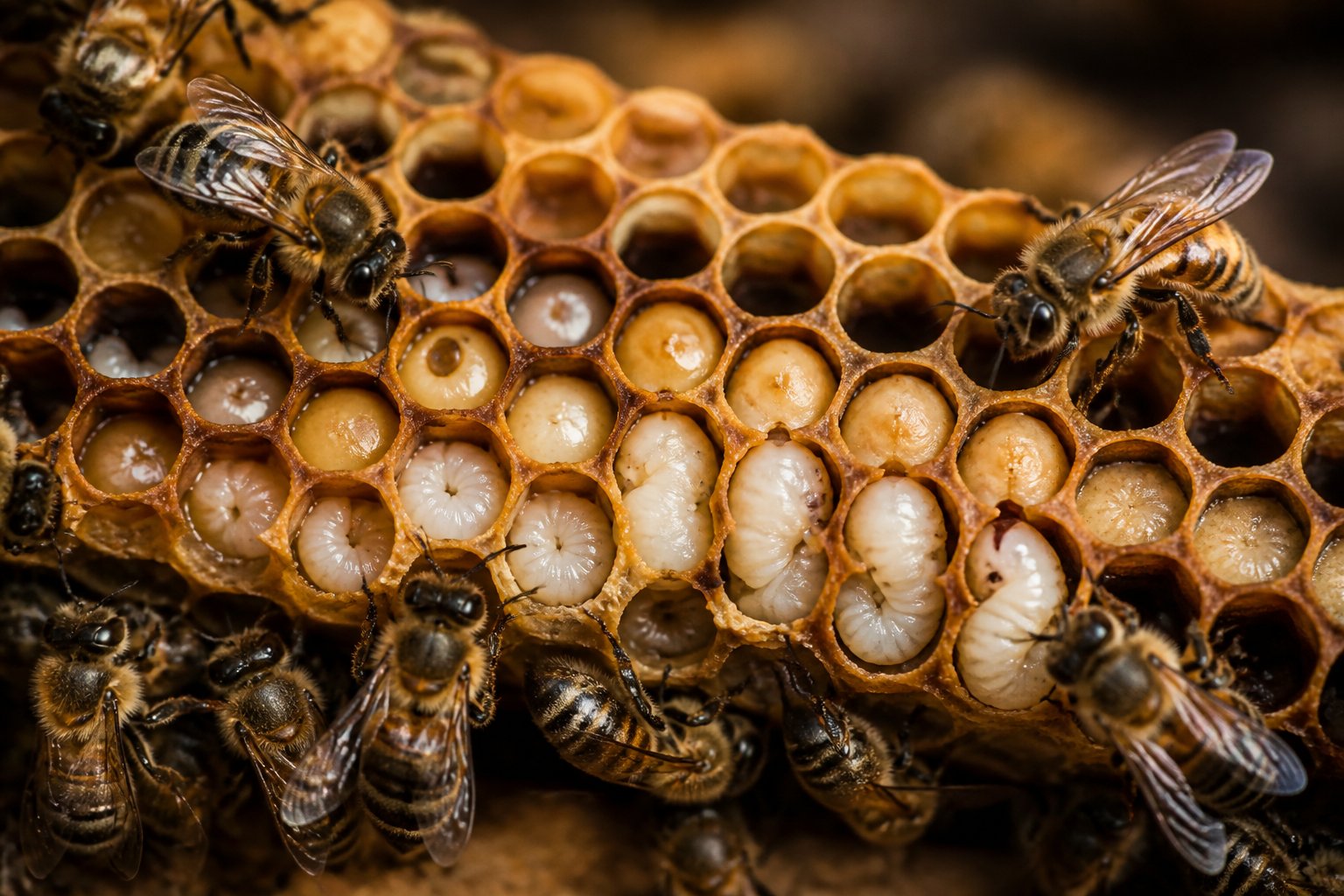 Close-up view of a honeycomb showing bee eggs, larvae, pupae, and adult bees inside the hive.