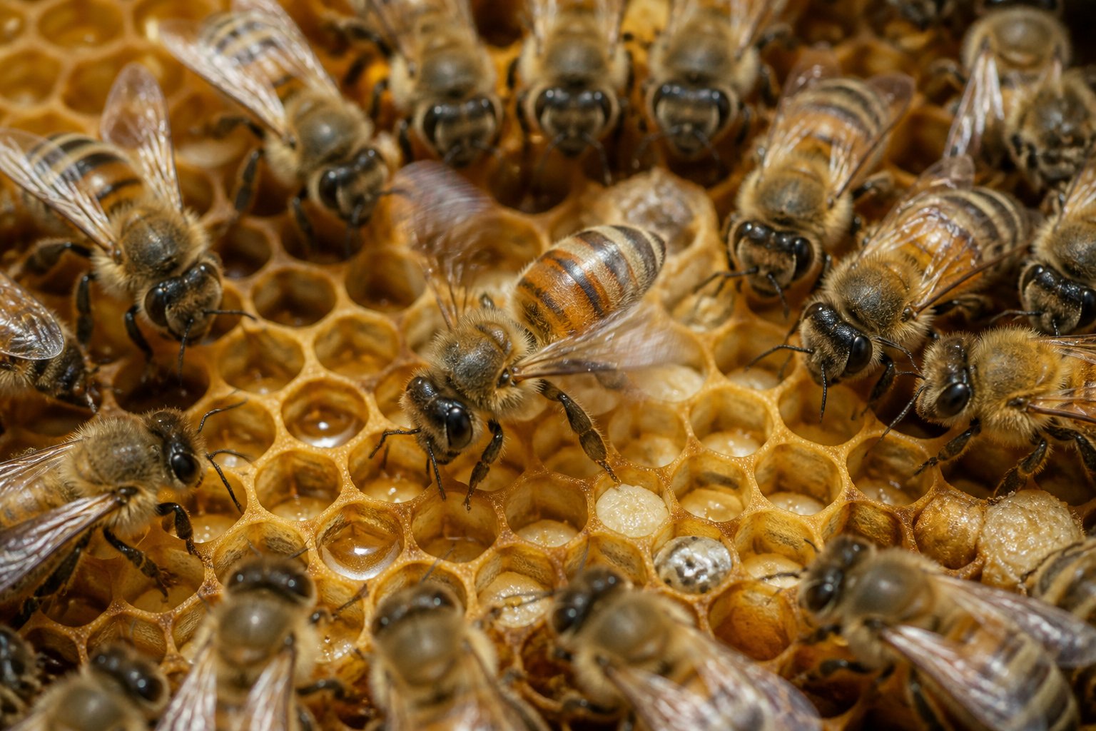 Close-up of honeybees inside a hive with one bee performing a waggle dance on the honeycomb while others watch.