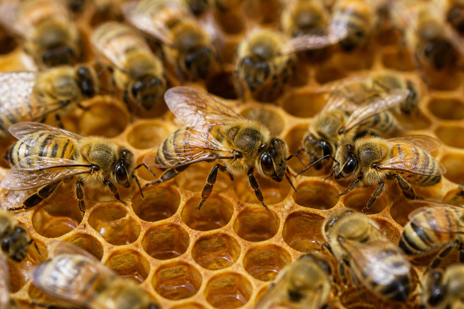 Close-up of honeybees interacting on honeycomb inside a hive, showing their communication and teamwork.