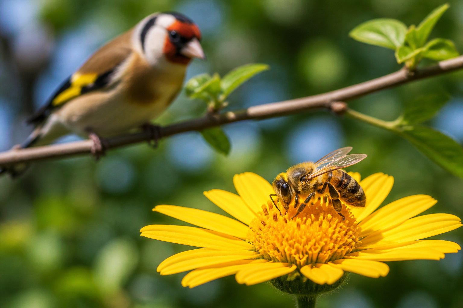 A honeybee on a yellow flower with a small bird perched on a nearby branch surrounded by green leaves.