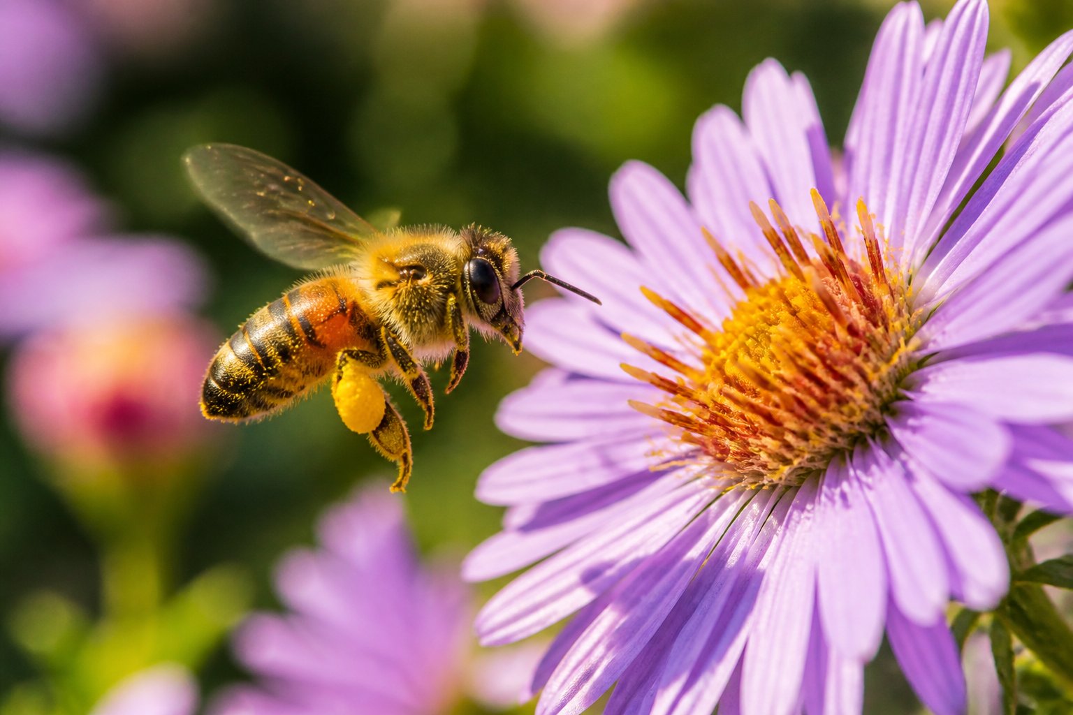 A close-up of a bee collecting pollen from a colorful flower in a garden.