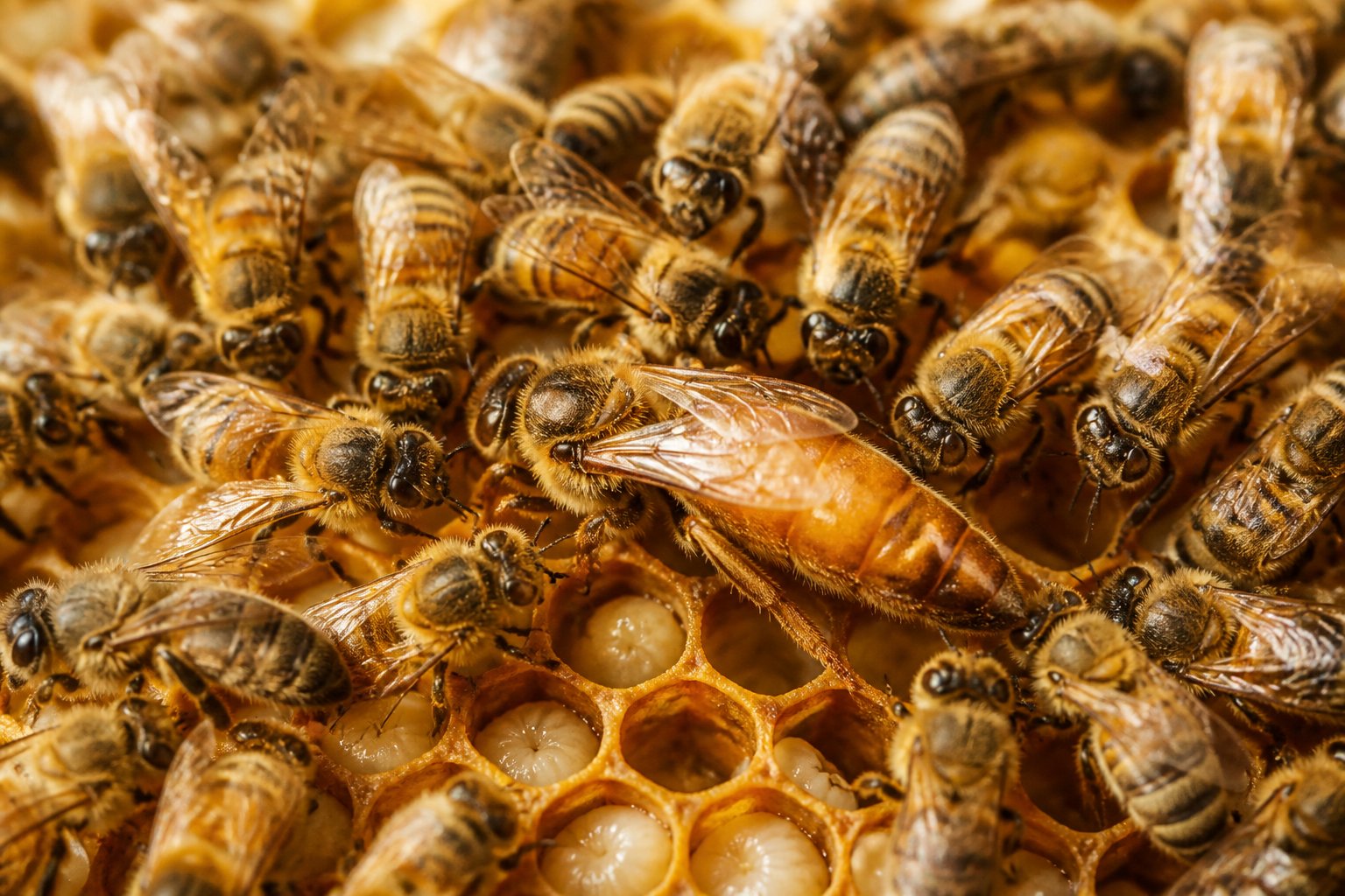 Close-up of a honeybee queen surrounded by worker bees inside a honeycomb filled with larvae and eggs.