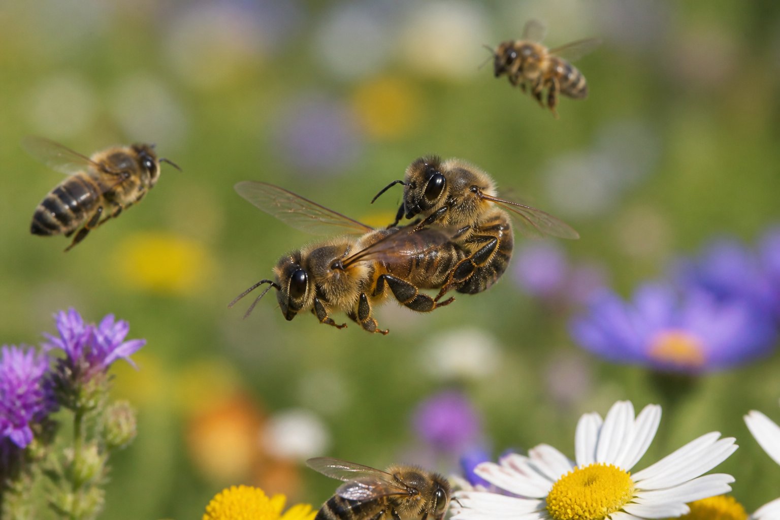 Close-up of a honey bee queen mating with a drone bee in a green meadow with wildflowers.