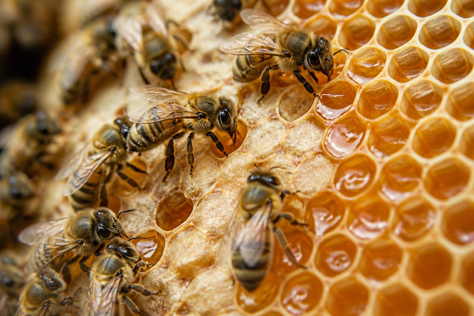 Close-up of honeybees storing and sealing honey in a honeycomb filled with golden honey.