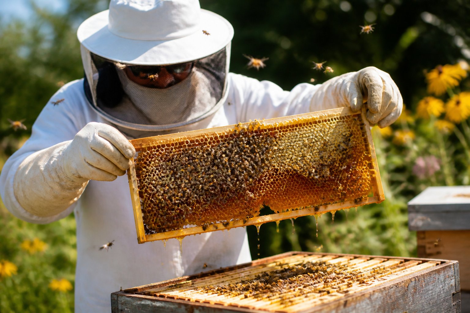 A beekeeper in protective clothing harvesting honey from a wooden frame covered with bees outdoors among flowers.