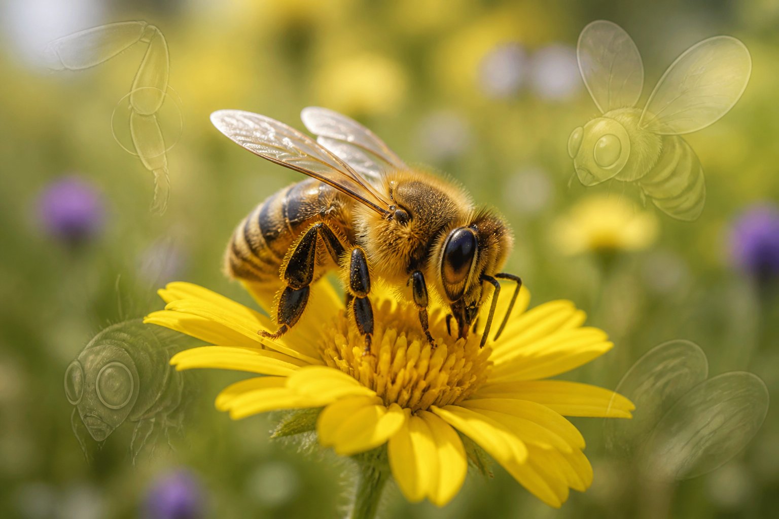 A close-up of a honeybee on a yellow flower with faint illustrations of exaggerated bee features in the background.