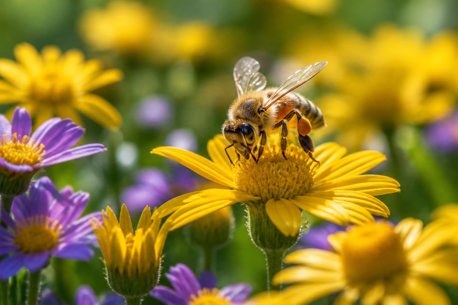 Close-up of a honeybee gathering nectar from yellow flowers with green foliage in the background.
