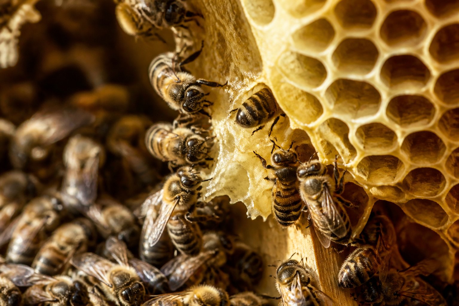 Close-up view inside a beehive showing worker bees building and maintaining hexagonal honeycomb cells.