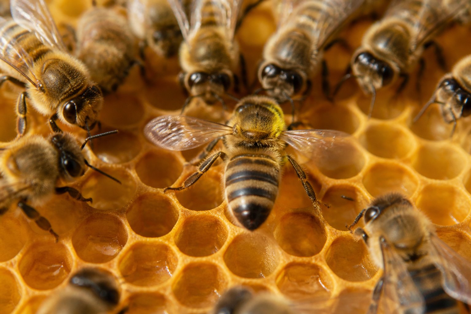 A honeybee performing the waggle dance on honeycomb inside a beehive surrounded by other bees.