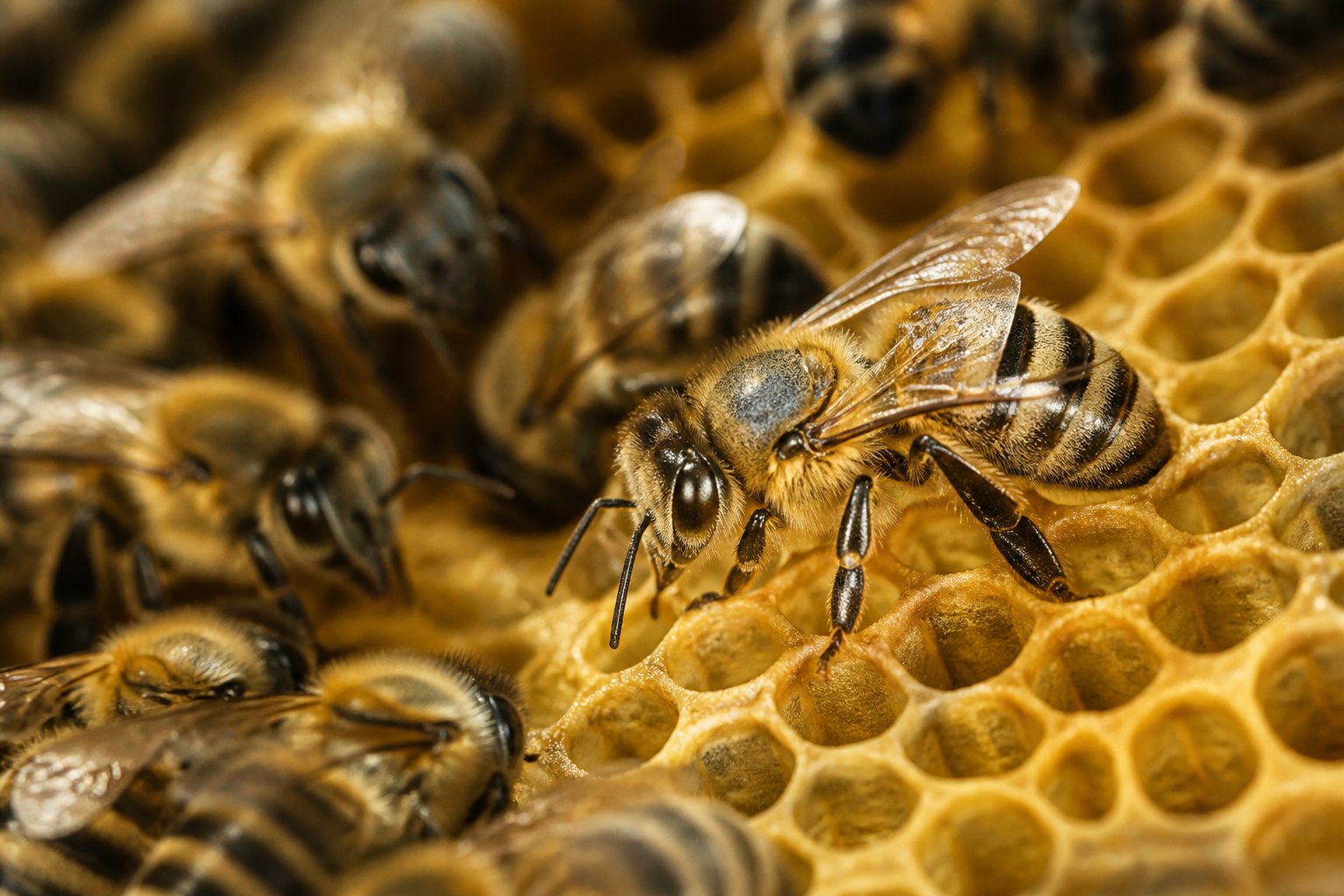 Close-up of a honey bee performing a waggle dance on honeycomb inside a beehive with other bees in the background.