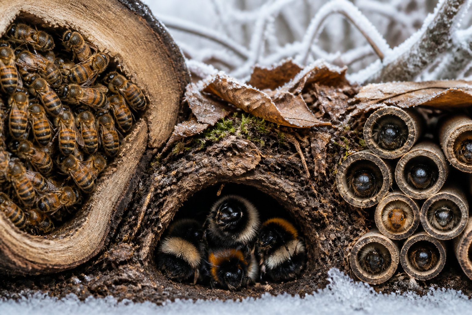 Close-up of different bee species in winter habitats, including honeybees clustered in a hive, bumblebees in underground burrows, and solitary bees in small cavities.