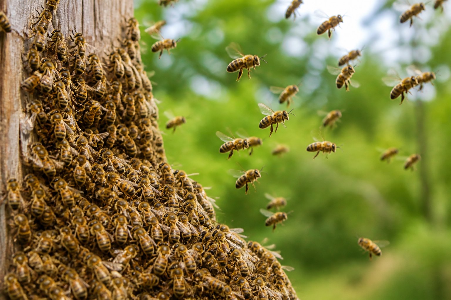 A large group of honeybees clustered on a wooden surface with some bees flying away into the air outdoors.
